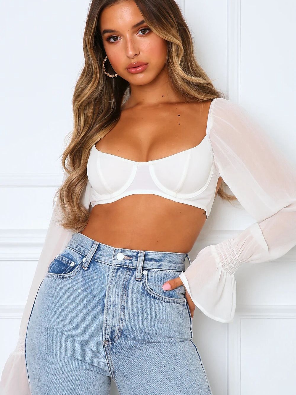 Whitefox Sheer-Sleeve Underwire Crop Top